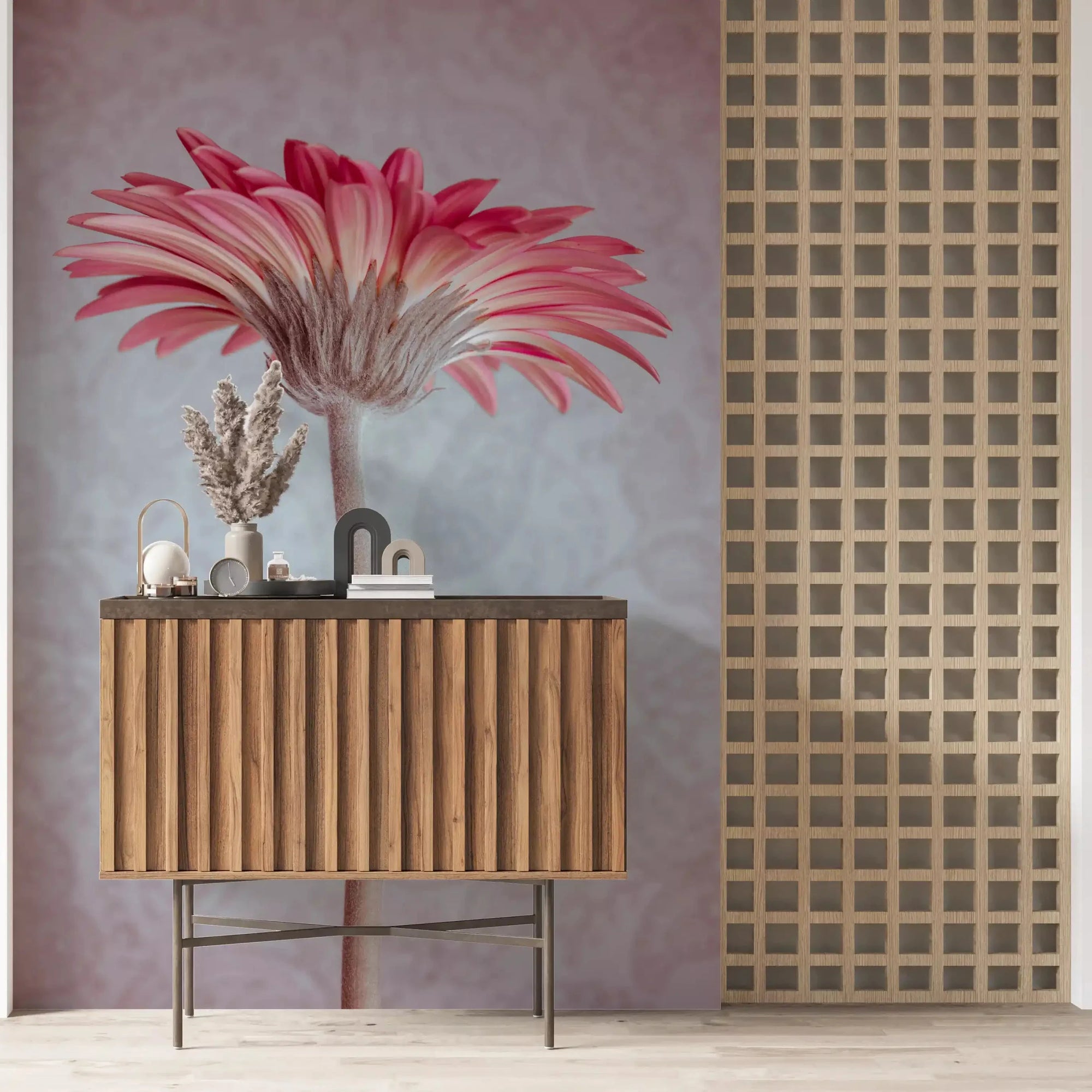 Elegant Pink Gerbera Bloom wall mural warming a calm living room, GD10908
