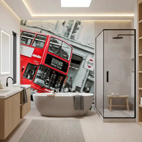 Red double decker wall mural lifting a modern living room setting GD10909
