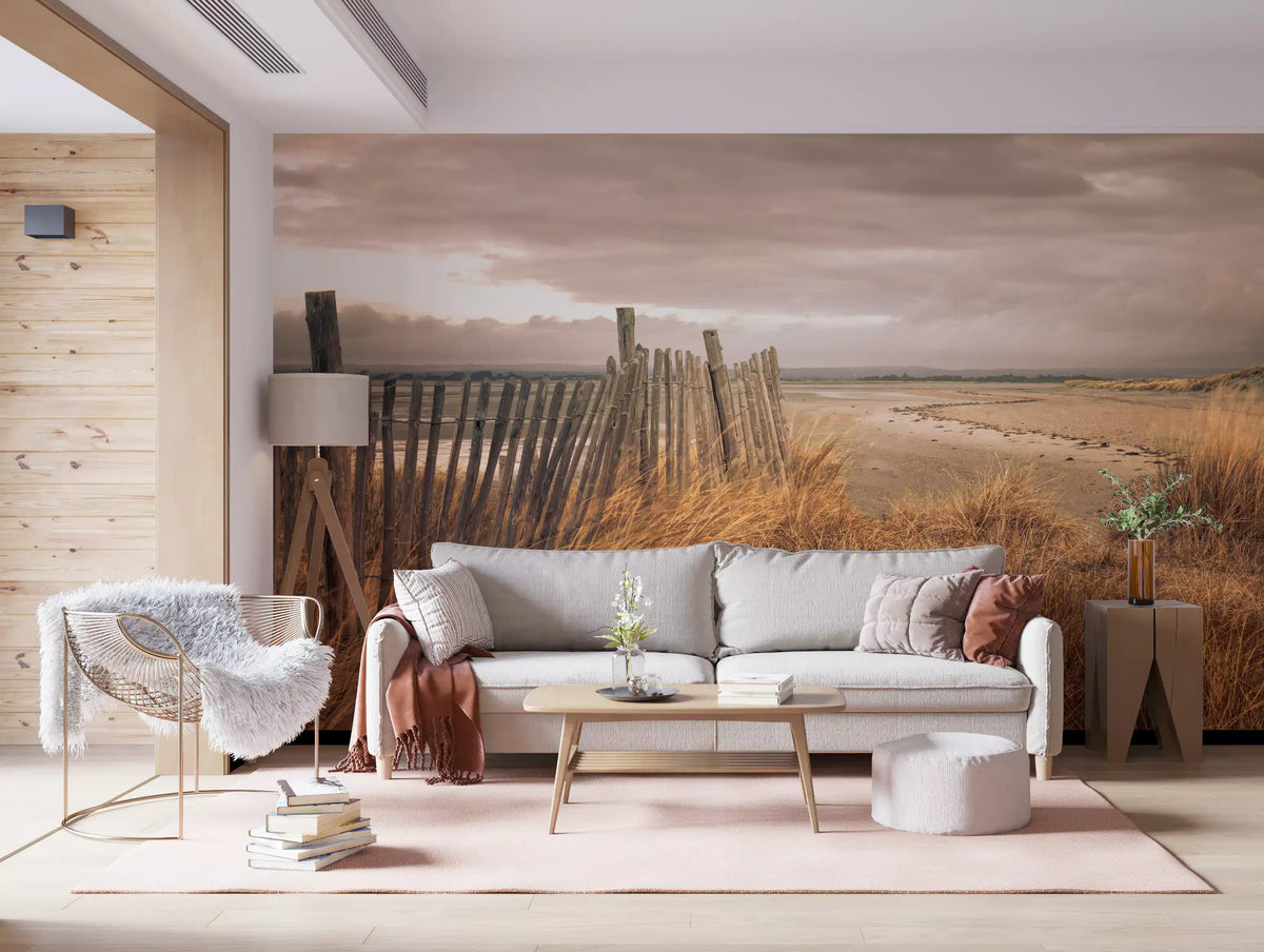 Golden dune grasses stretch across a calm living room, coastal wall mural GD10911
