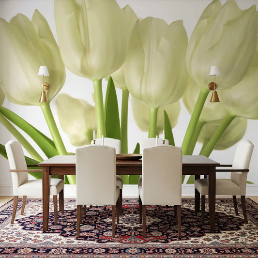 Luminous White Tulips wall mural giving a calm dining room a fresh focus, GD10913
