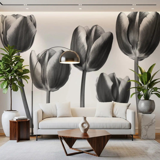 Grey tulip blooms wall mural setting a refined mood in a Living room GD10914
