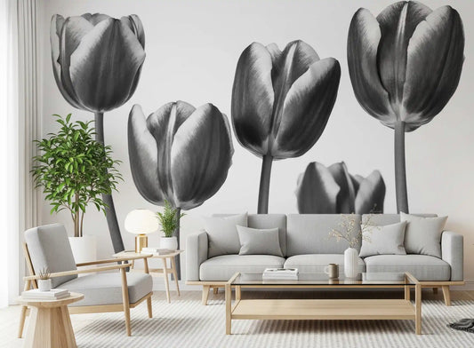Monochrome tulips wall mural giving a modern living room a calm focus GD10914
