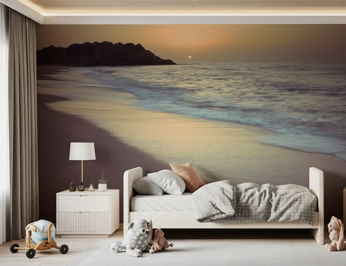 Golden hour coastline wall mural lending calm warmth to a bedroom GD10916


