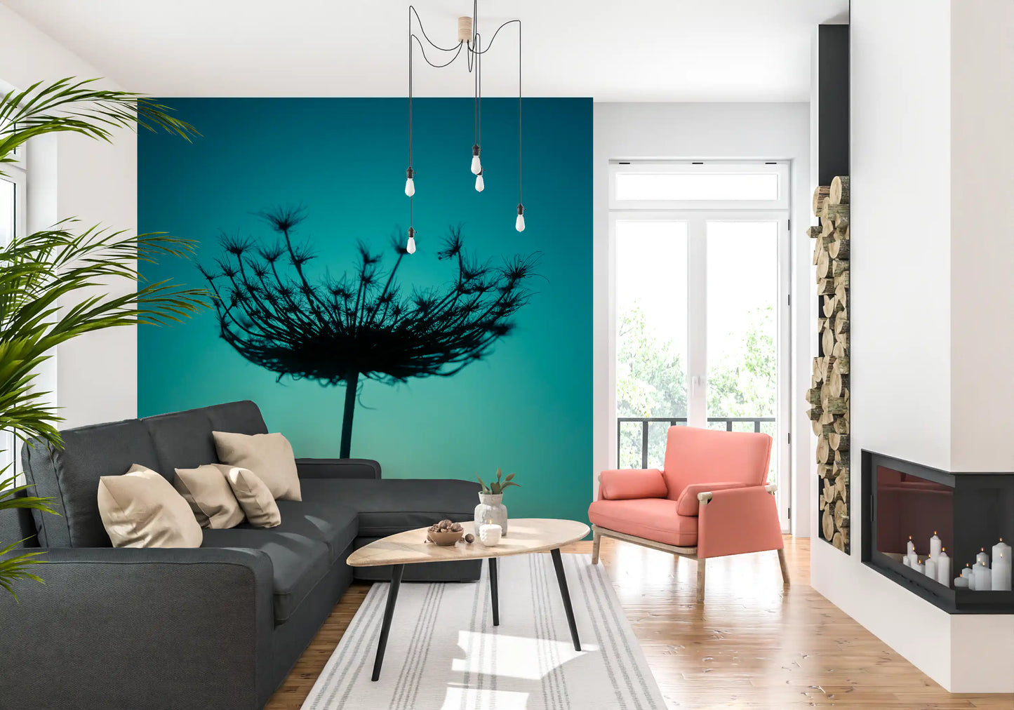 Teal Wildflower Silhouette Wall Mural