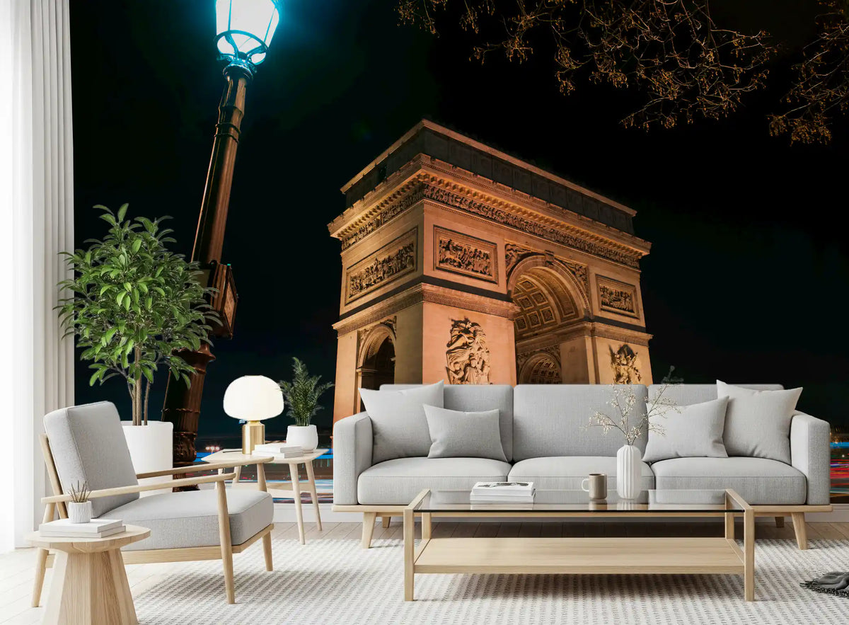 Lit Arc de Triomphe warming a living room, Parisian Night wall mural GD10922
