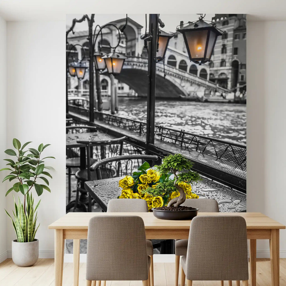 Venetian rain wall mural with golden roses lifting a dining room GD10929