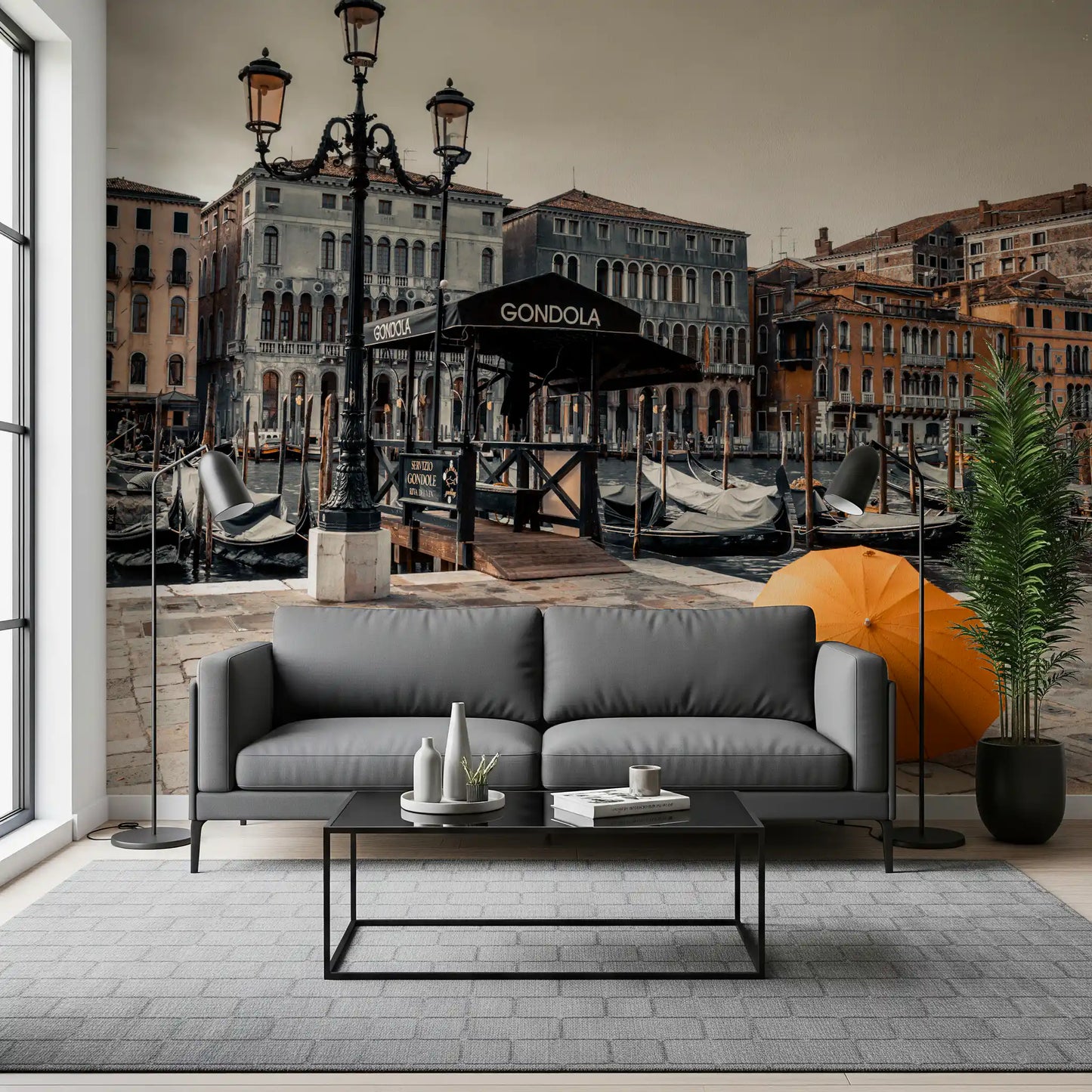 Serene Venice Canal with Orange Umbrella Wall Mural