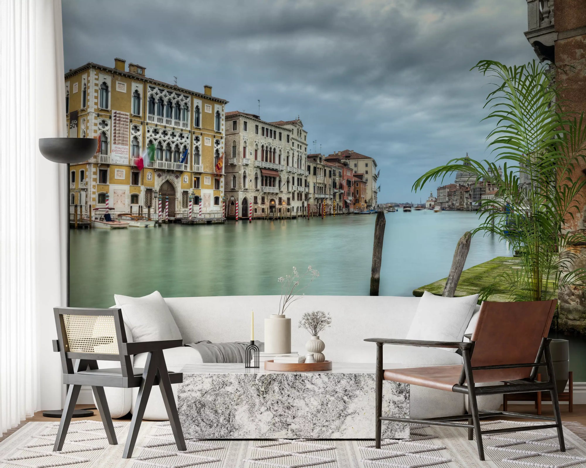 Venetian canal waters stretch across a calm living room, scenic wall mural GD10931
