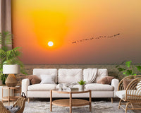 Golden Sea Horizon and Migrating Birds Wall Mural