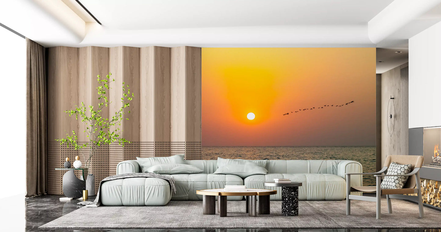 Golden Sea Horizon and Migrating Birds Wall Mural