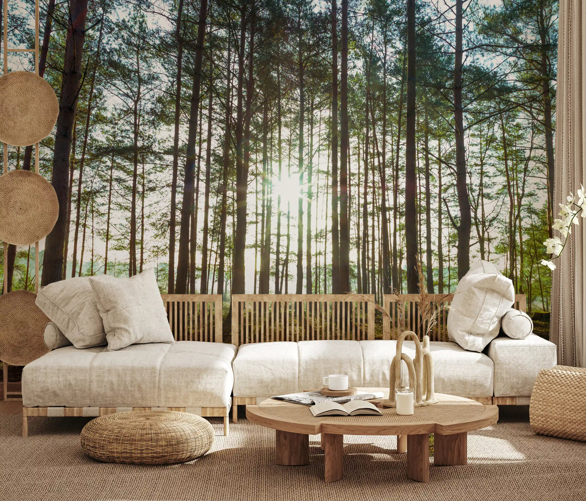 Sunlit Pine Forest Morning wall mural giving a living room an open feel, GD10938
