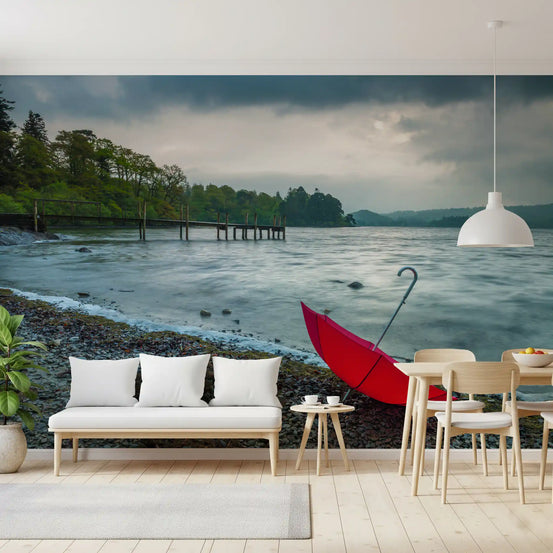 Dining room backdrop showing the crimson Lake District shore wall mural, GD10941
