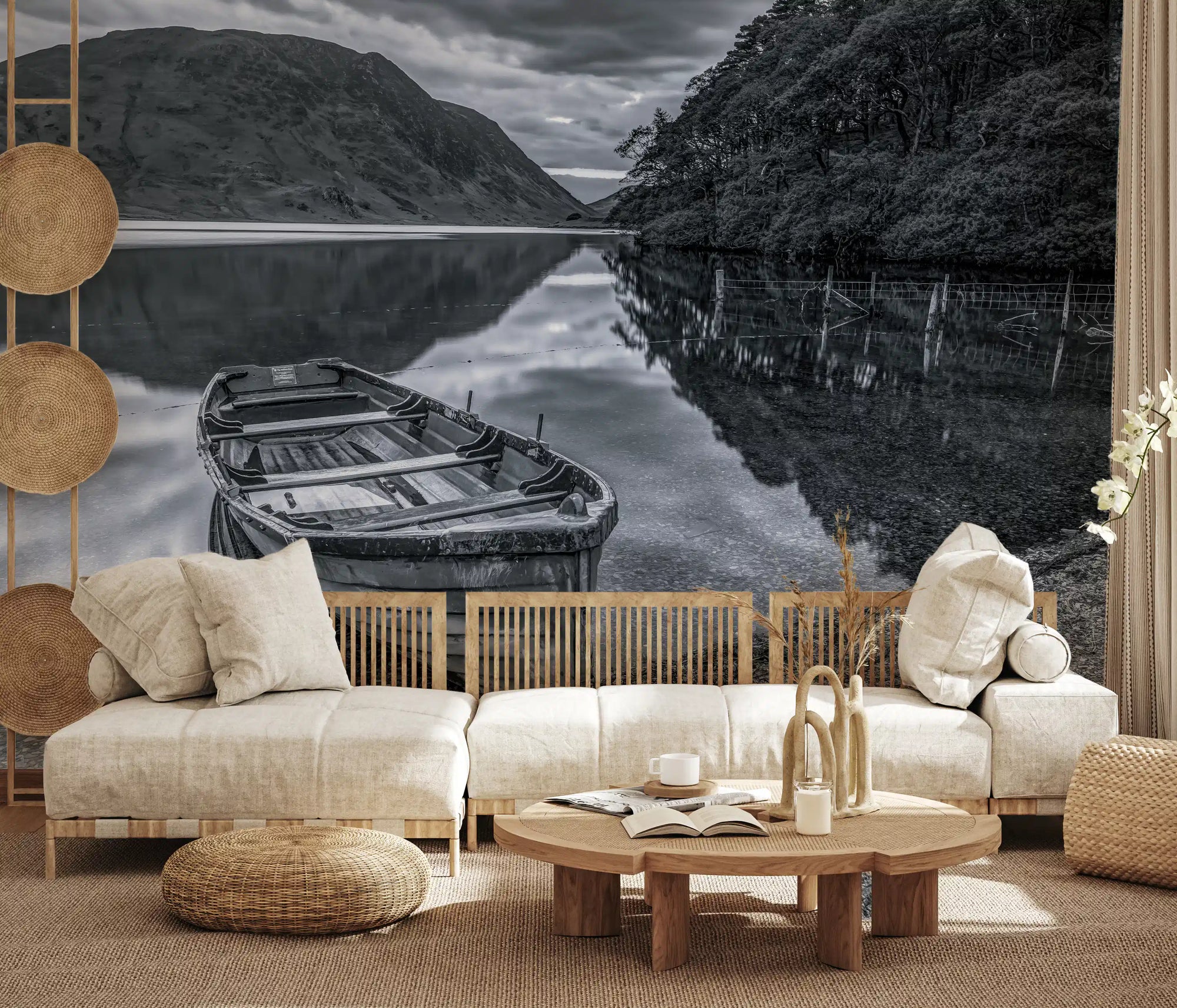 Monochrome lake boat wall mural set in a living room GD10943
