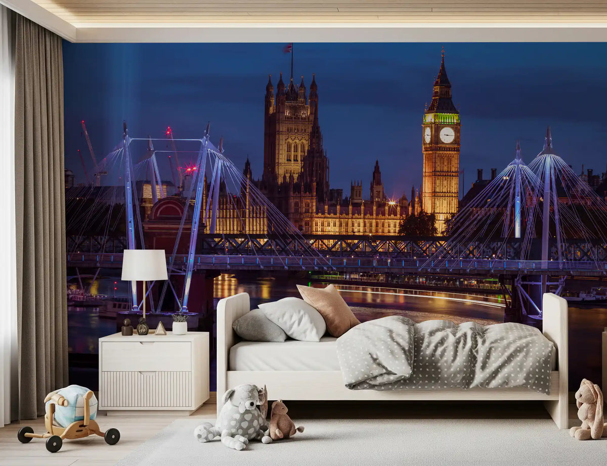 Big Ben and Bridge Reflections wall mural sets a bold mood in a bedroom GD10946
