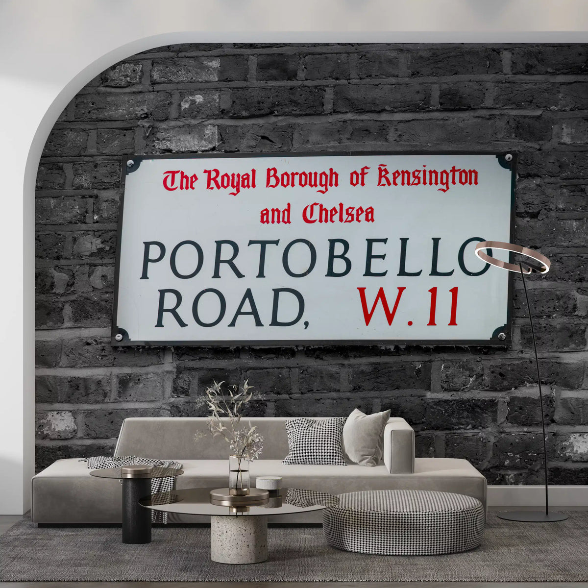 Portobello Road sign over dark brickwork in a calm Living room wall mural, GD10947
