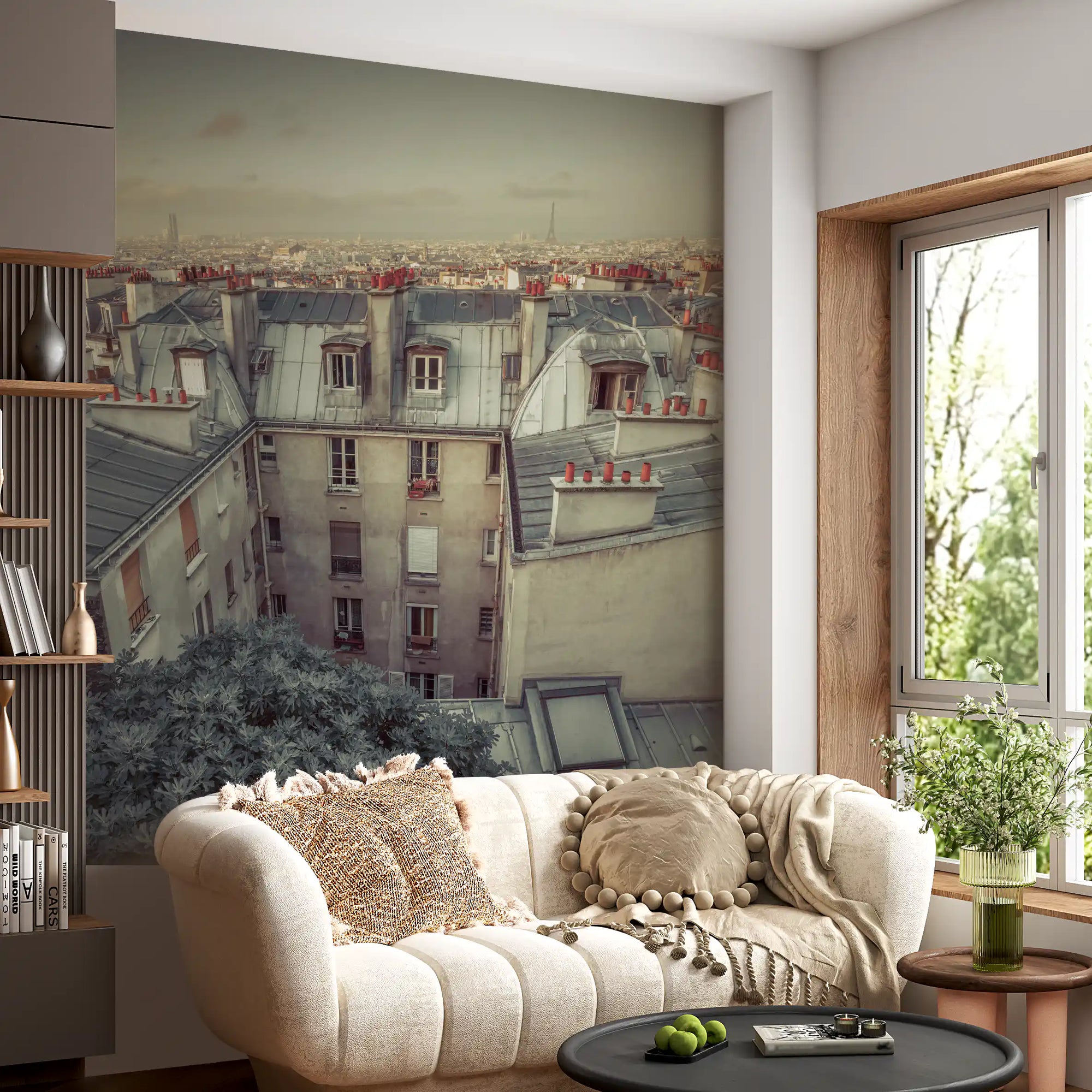 Grey rooftops and hazy sky over a living room, Vintage Paris Skyline wall mural GD10949
