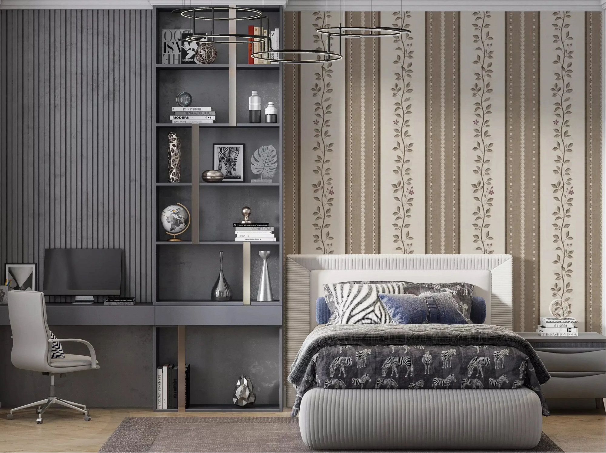 Warm neutral stripes calm a bedroom, Trailing Vine Linen Stripe wallpaper GD10964
