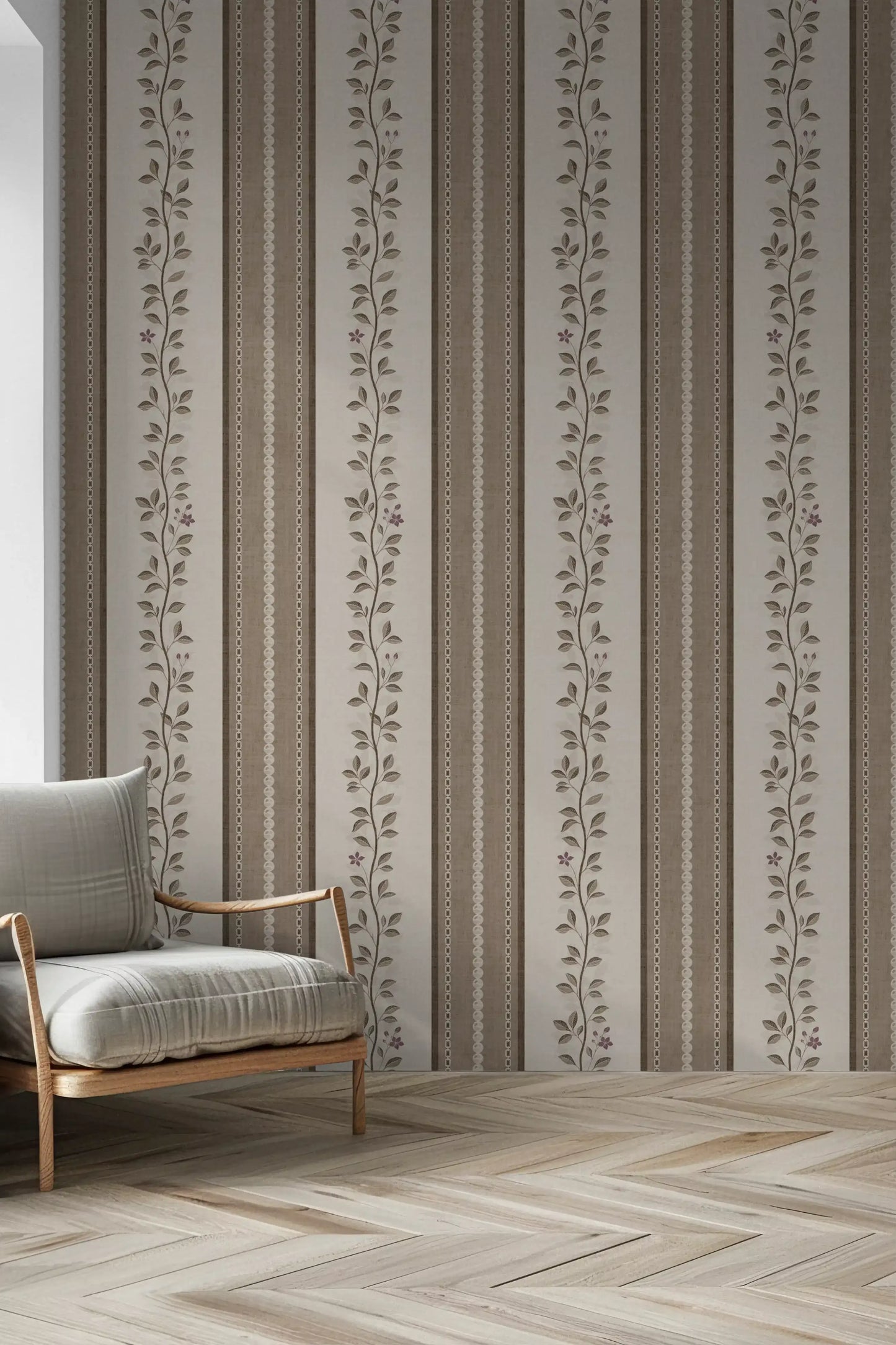 Trailing Vine and Linen Stripe Panel Wallpaper⁠