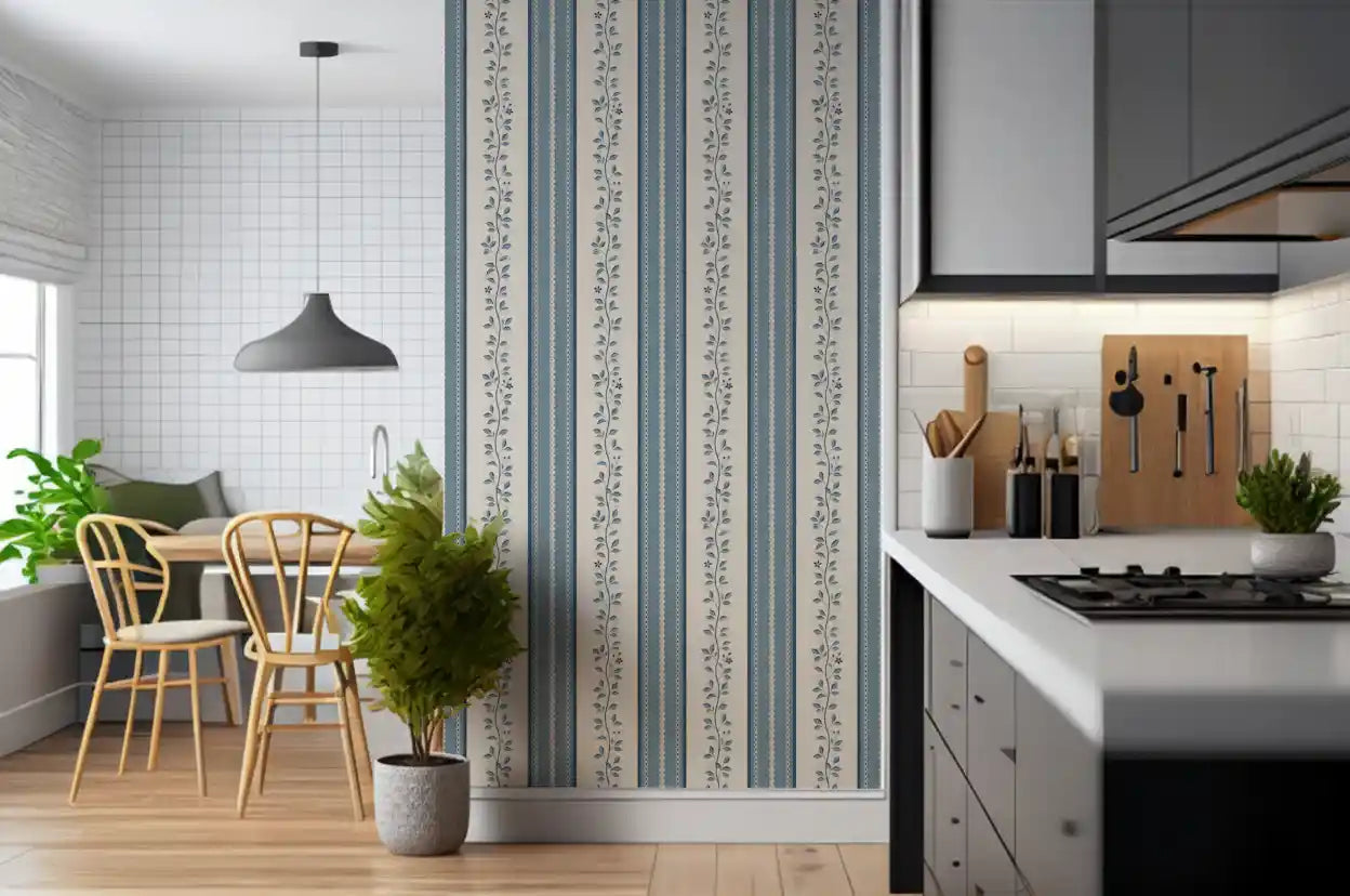 Coastal Slate Blue Vine Stripe Wallpaper⁠
