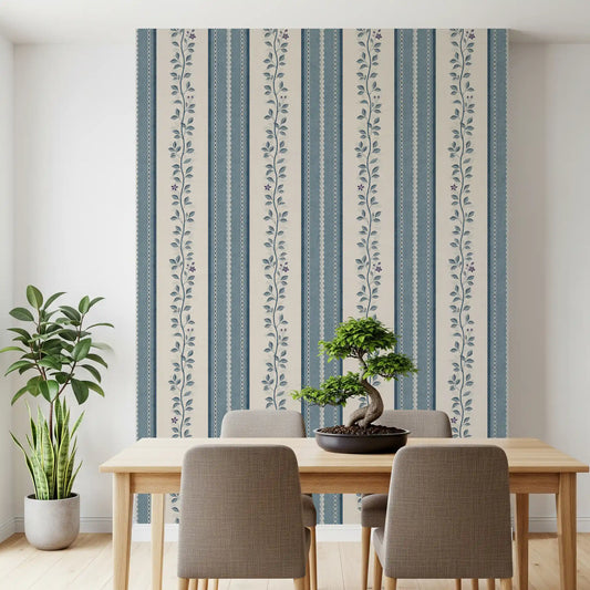 Coastal Slate Blue Vine Stripe Wallpaper⁠
