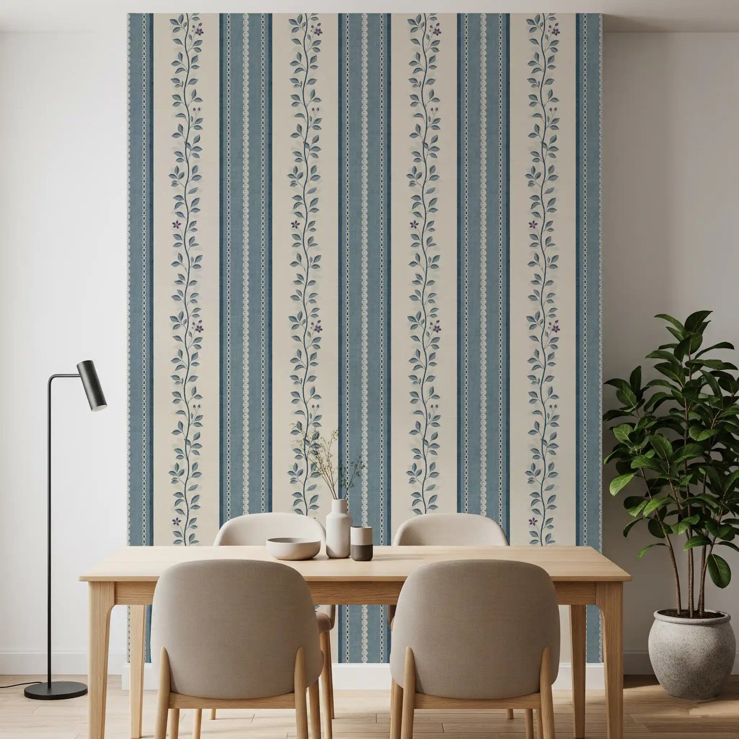 Coastal Slate Blue Vine Stripe Wallpaper⁠