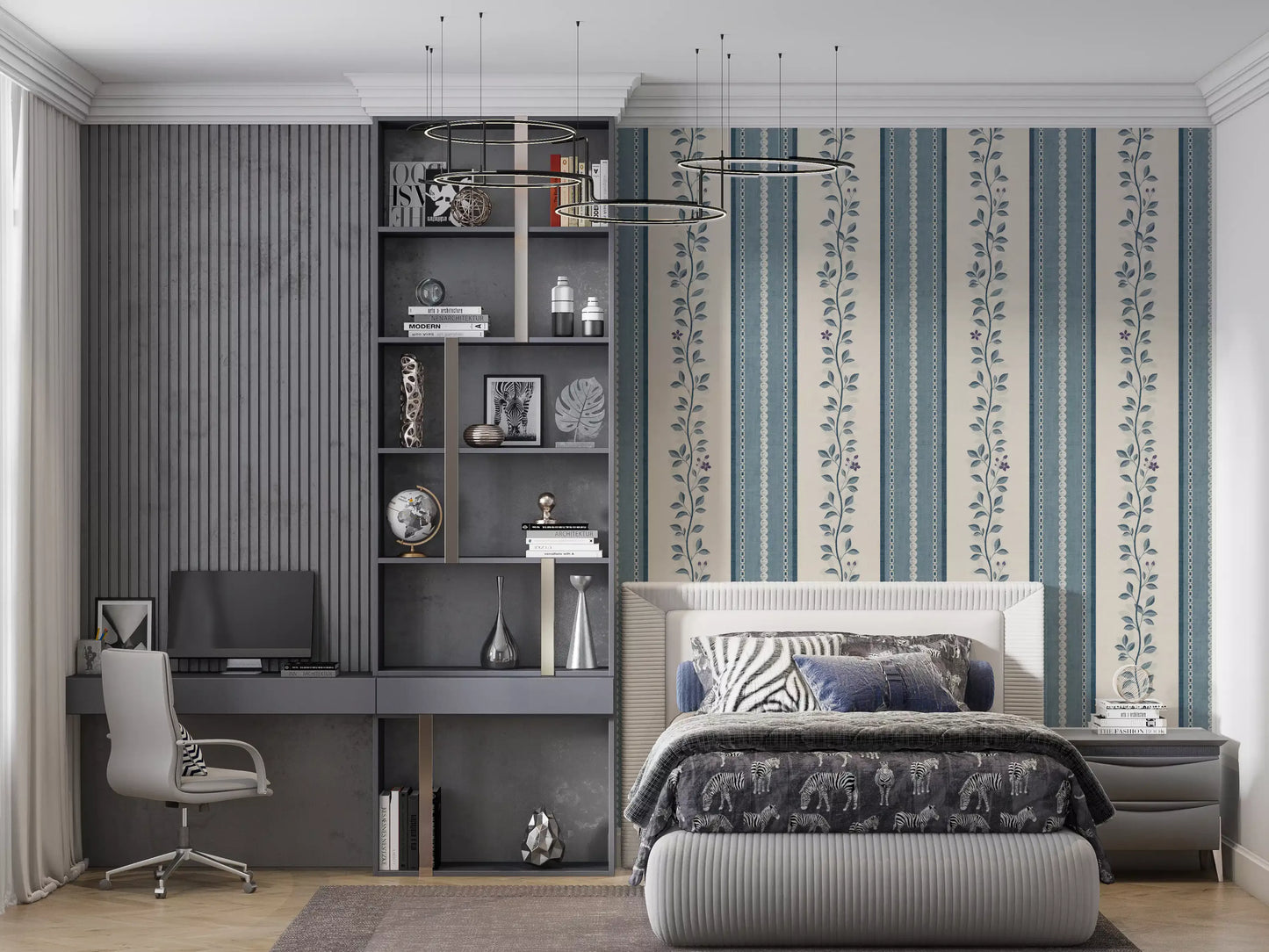 Coastal Slate Blue Vine Stripe Wallpaper⁠
