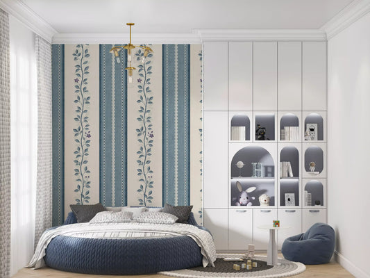 Coastal Slate Blue Vine Stripe Wallpaper⁠