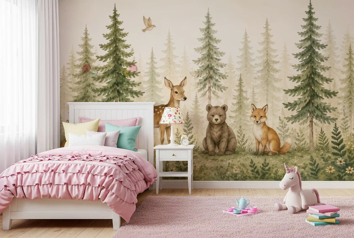 Whimsical Woodland Forest Friends wall mural warms a Kids bedroom GD10966
