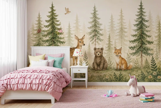 Whimsical Woodland Forest Friends wall mural warms a Kids bedroom GD10966
