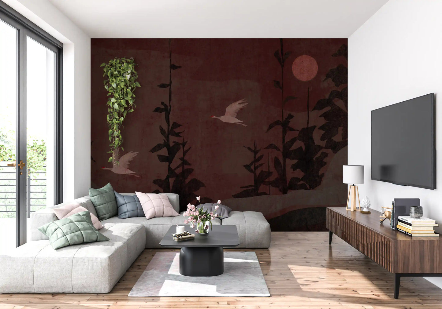 Chinoiserie Nightfall with Soaring Cranes Wall Mural