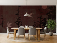 Chinoiserie Nightfall with Soaring Cranes Wall Mural