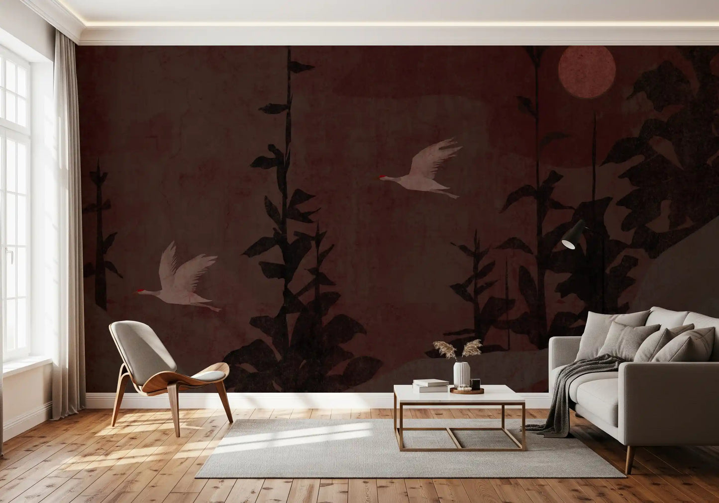 Chinoiserie Nightfall with Soaring Cranes Wall Mural
