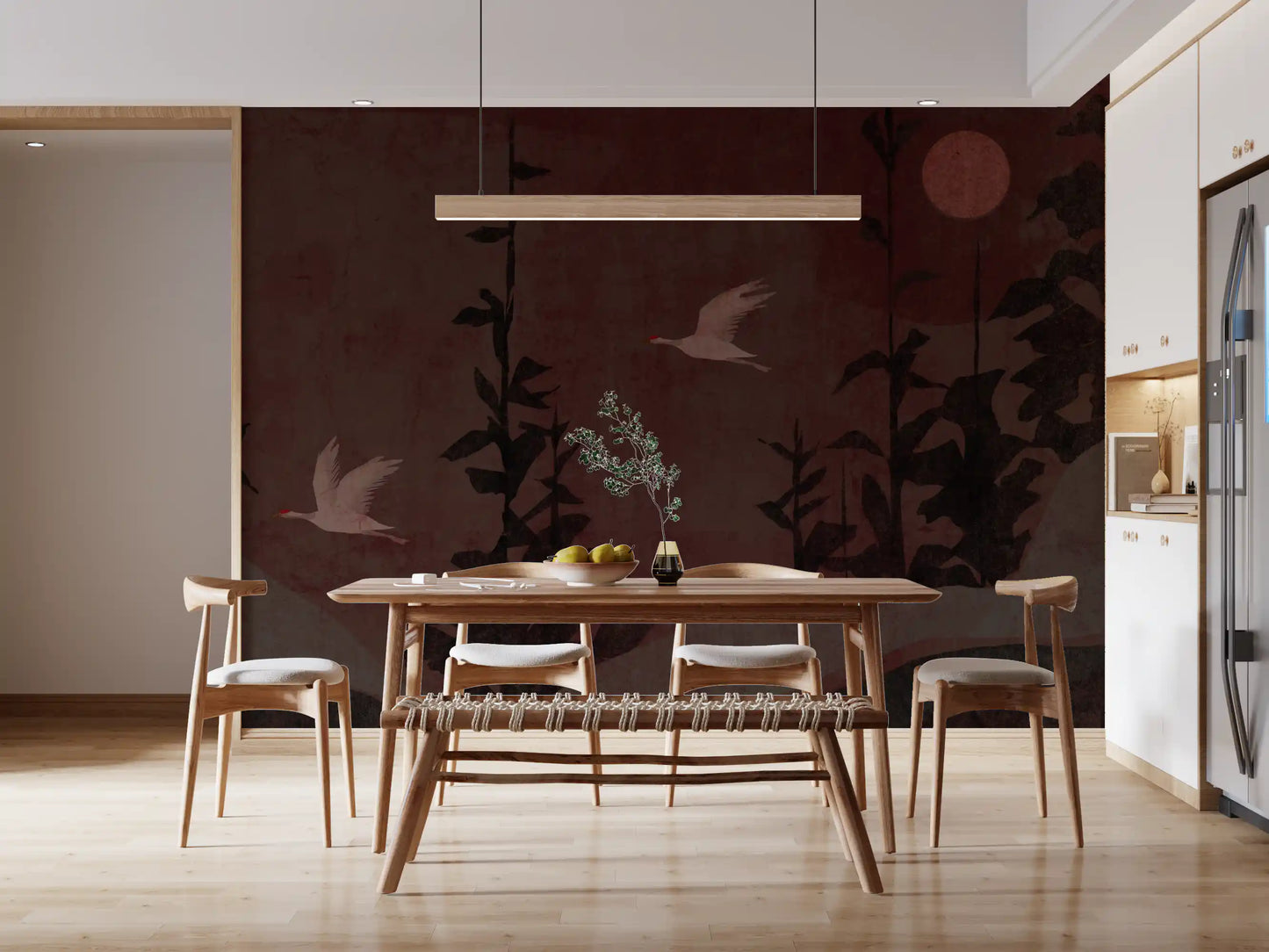 Chinoiserie Nightfall with Soaring Cranes Wall Mural