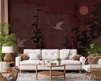 Chinoiserie Nightfall with Soaring Cranes Wall Mural
