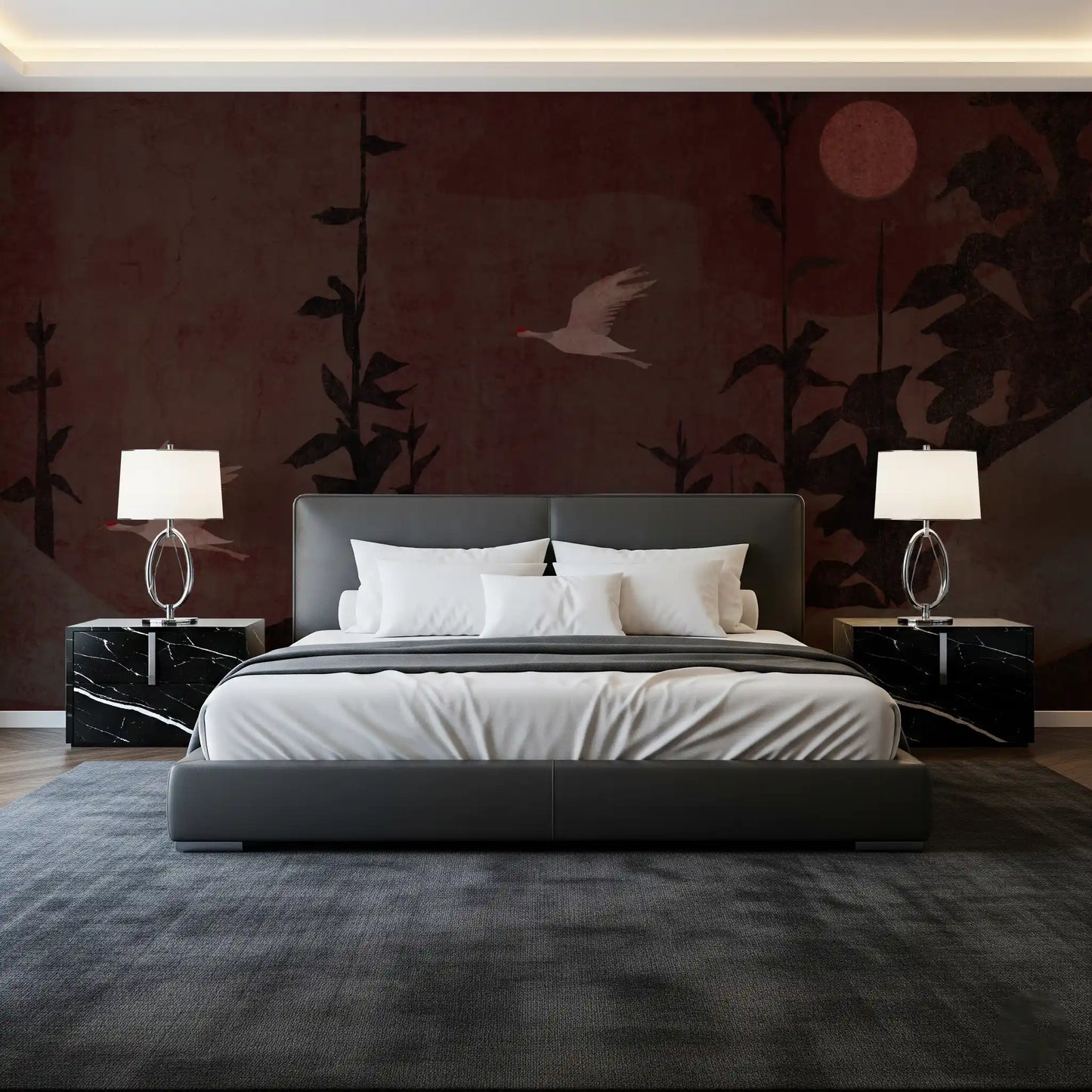Chinoiserie Nightfall with Soaring Cranes Wall Mural