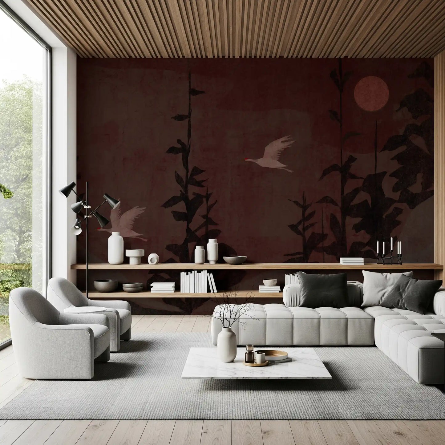 Chinoiserie Nightfall with Soaring Cranes Wall Mural