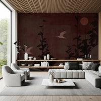 Chinoiserie Nightfall with Soaring Cranes Wall Mural
