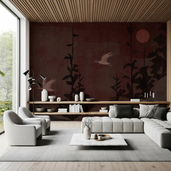 Chinoiserie cranes and moon wall mural set in a Living room GD10968
