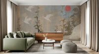 Flying Cranes and Crimson Sun Scenic Wall Mural