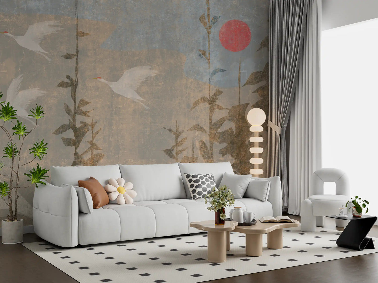Flying Cranes and Crimson Sun Scenic Wall Mural