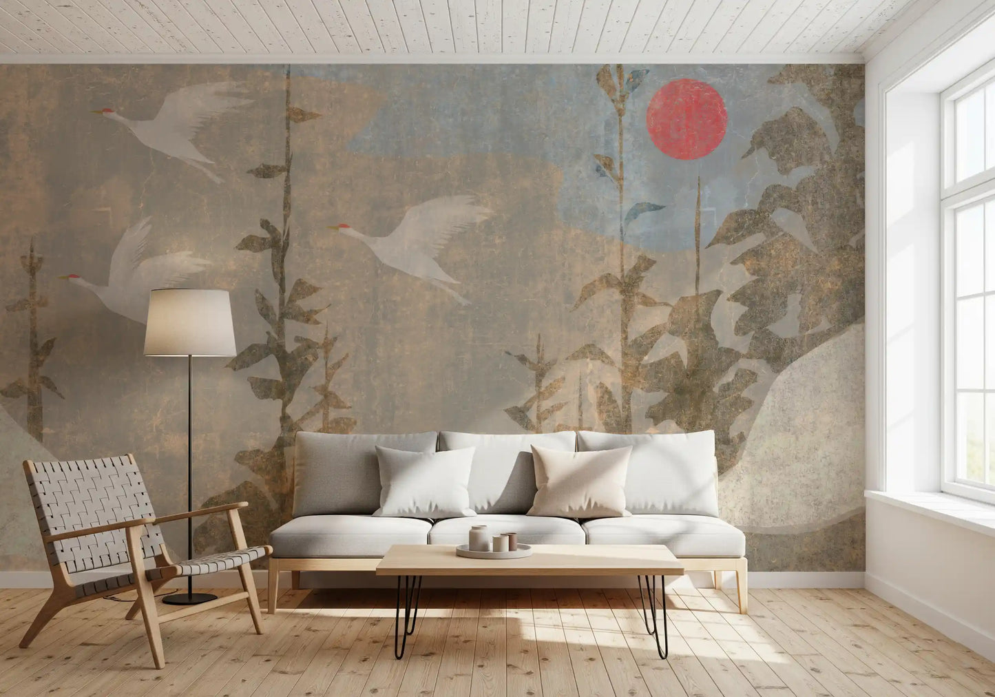 Flying Cranes and Crimson Sun Scenic Wall Mural