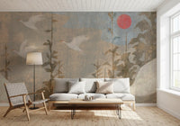 Flying Cranes and Crimson Sun Scenic Wall Mural