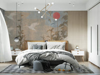 Flying Cranes and Crimson Sun Scenic Wall Mural