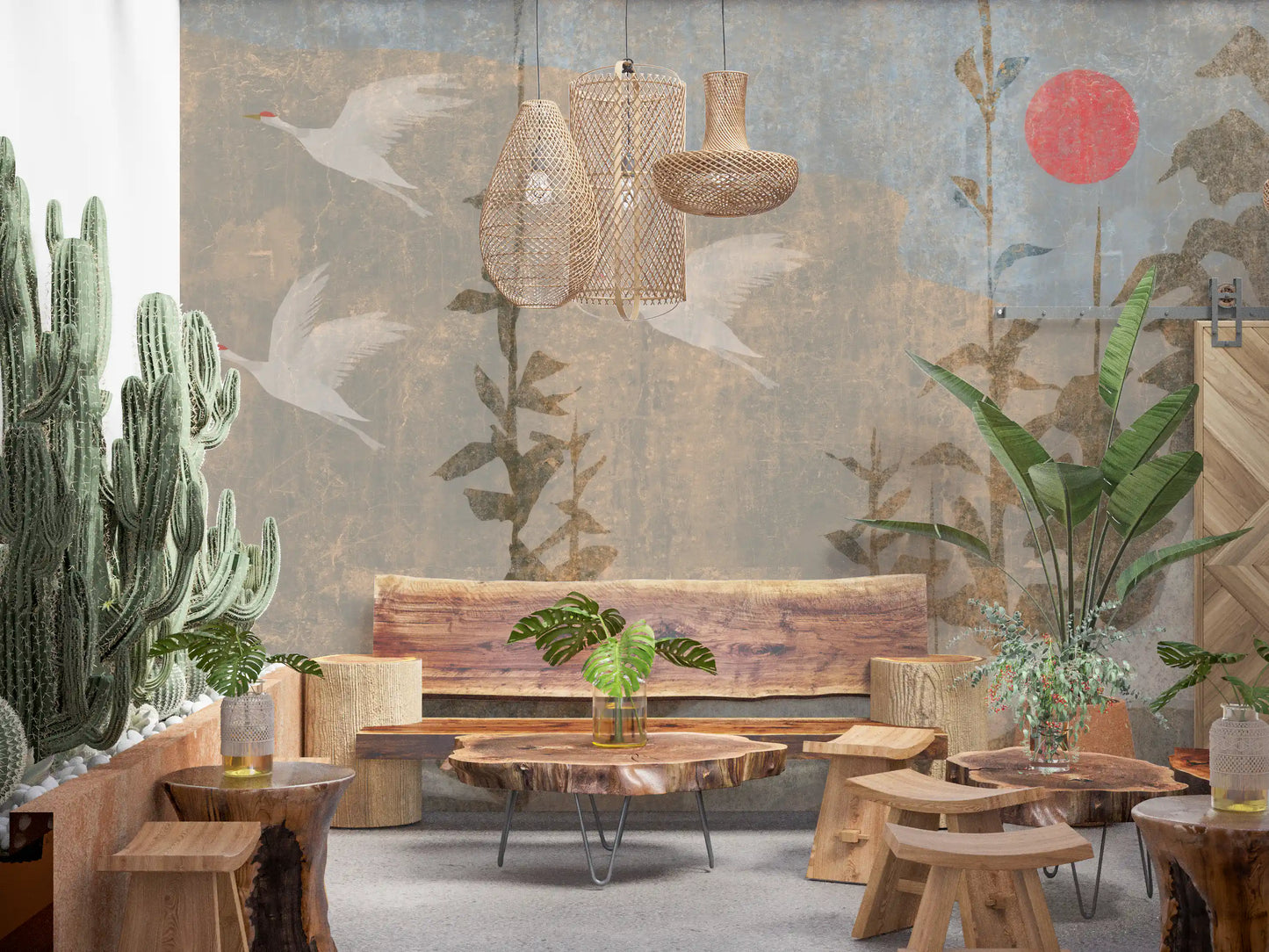 Flying Cranes and Crimson Sun Scenic Wall Mural
