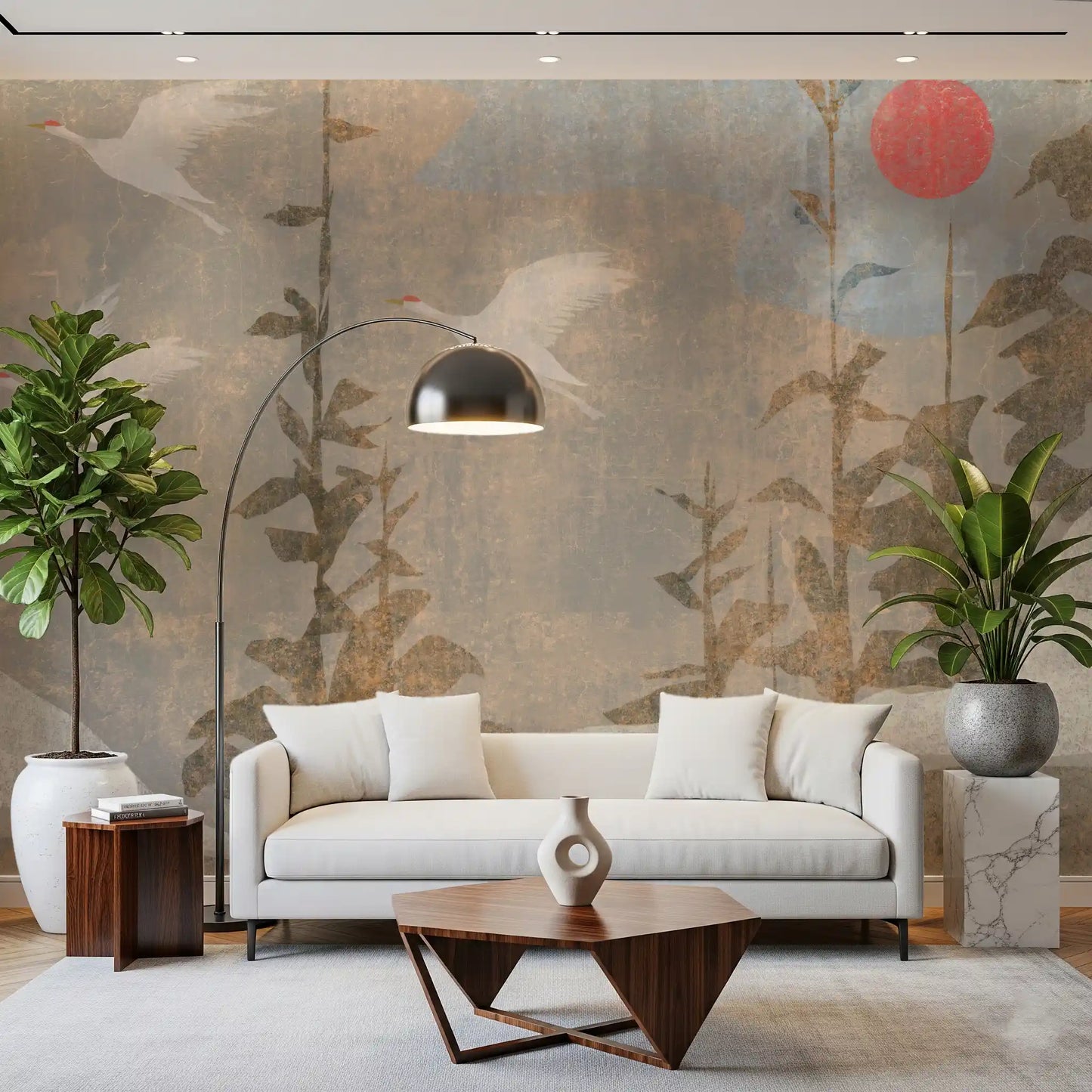 Flying Cranes and Crimson Sun Scenic Wall Mural