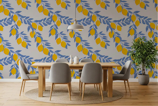 Lemon Branches Blue Leaves wallpaper warms a dining room GD10971
