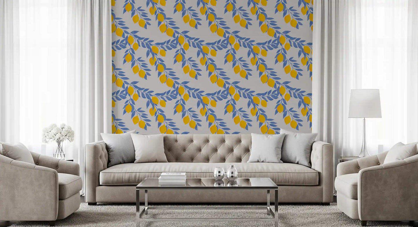 Lemon Branches Blue Leaves Wallpaper⁠