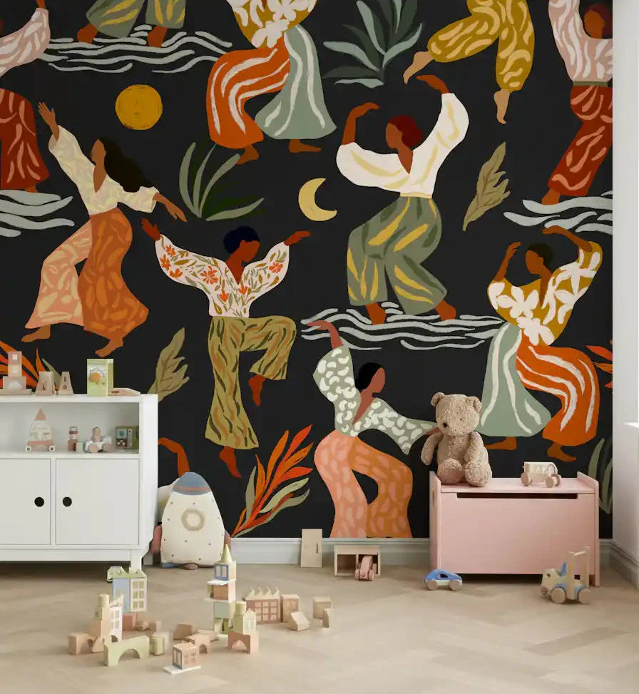 Earthy Boho Rhythms wall mural glows behind a relaxed Nursery area setup, GD10973
