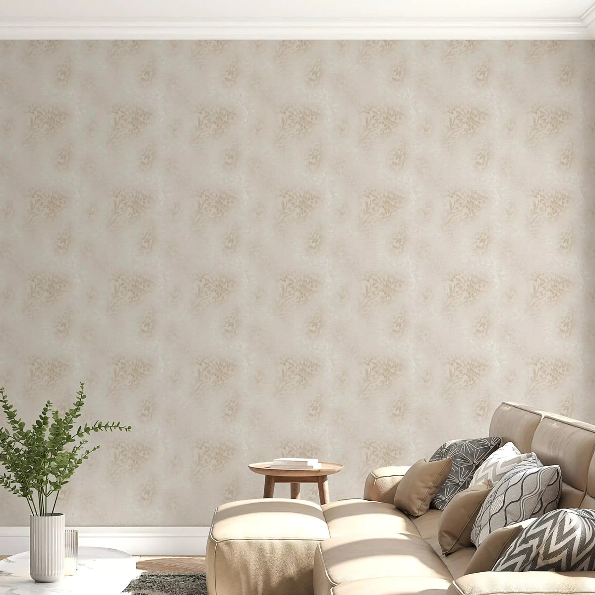 Delicate Linen Botanical Foliage wallpaper warms a neutral living room, GD10978
