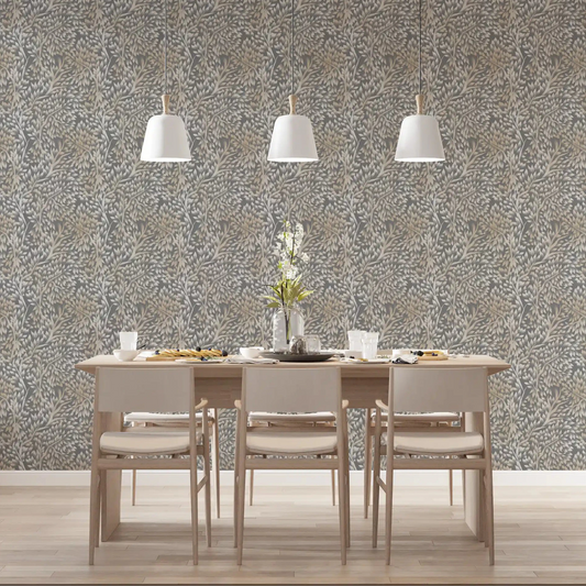 Dining room backdrop of beige and gold foliage, Textured Birch wallpaper GD10979
